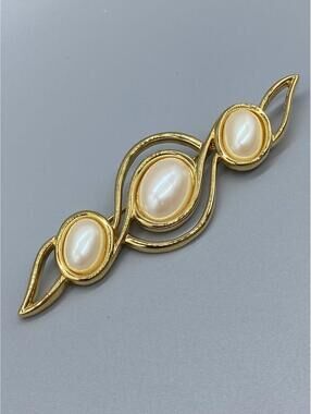 Vintage Signed Monet Pearl Brooch Large Statement God Tone Pin